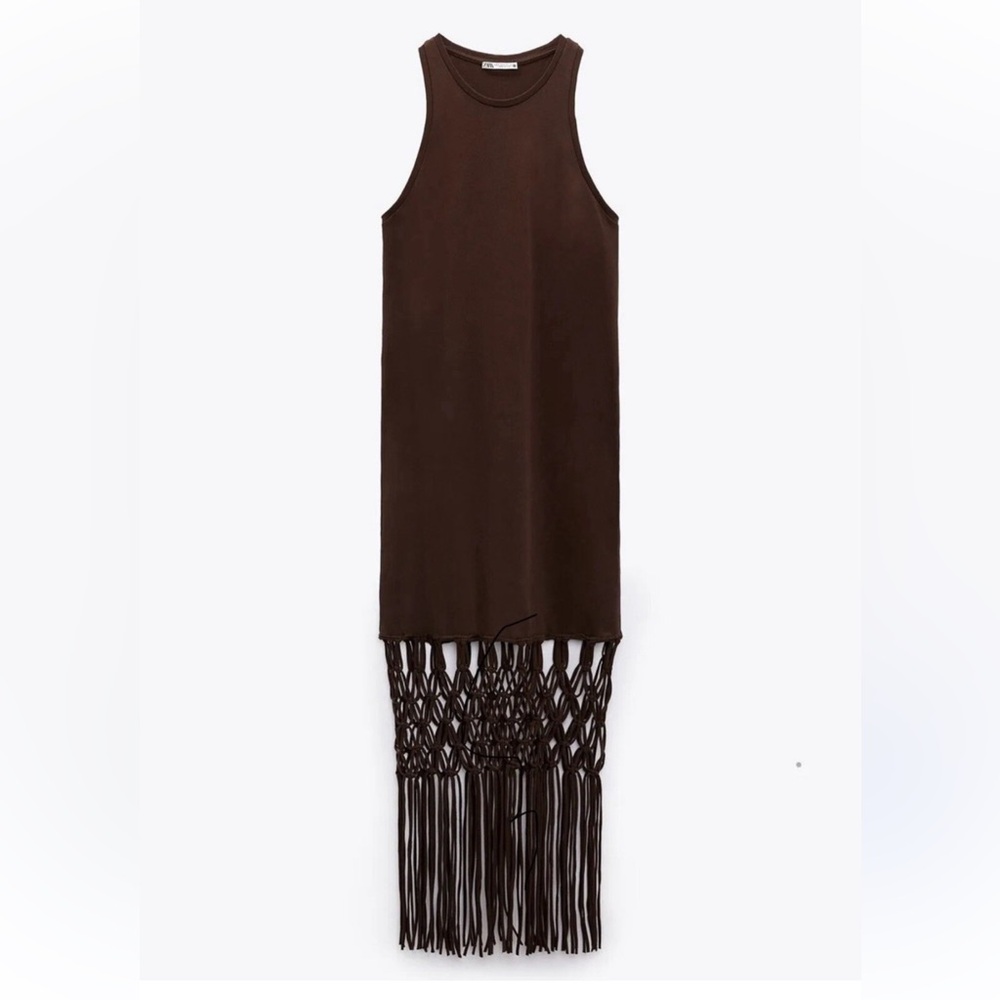 ZARA Macrame crochet fringe midi dress